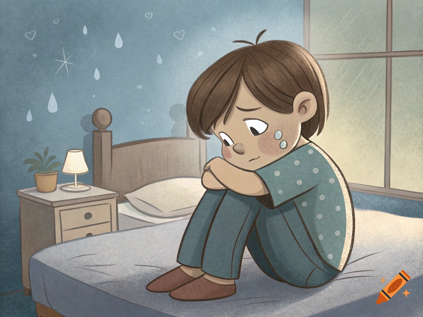 Illustration of a sad boy sitting on a bed, hugging his knees and crying in a bedroom.