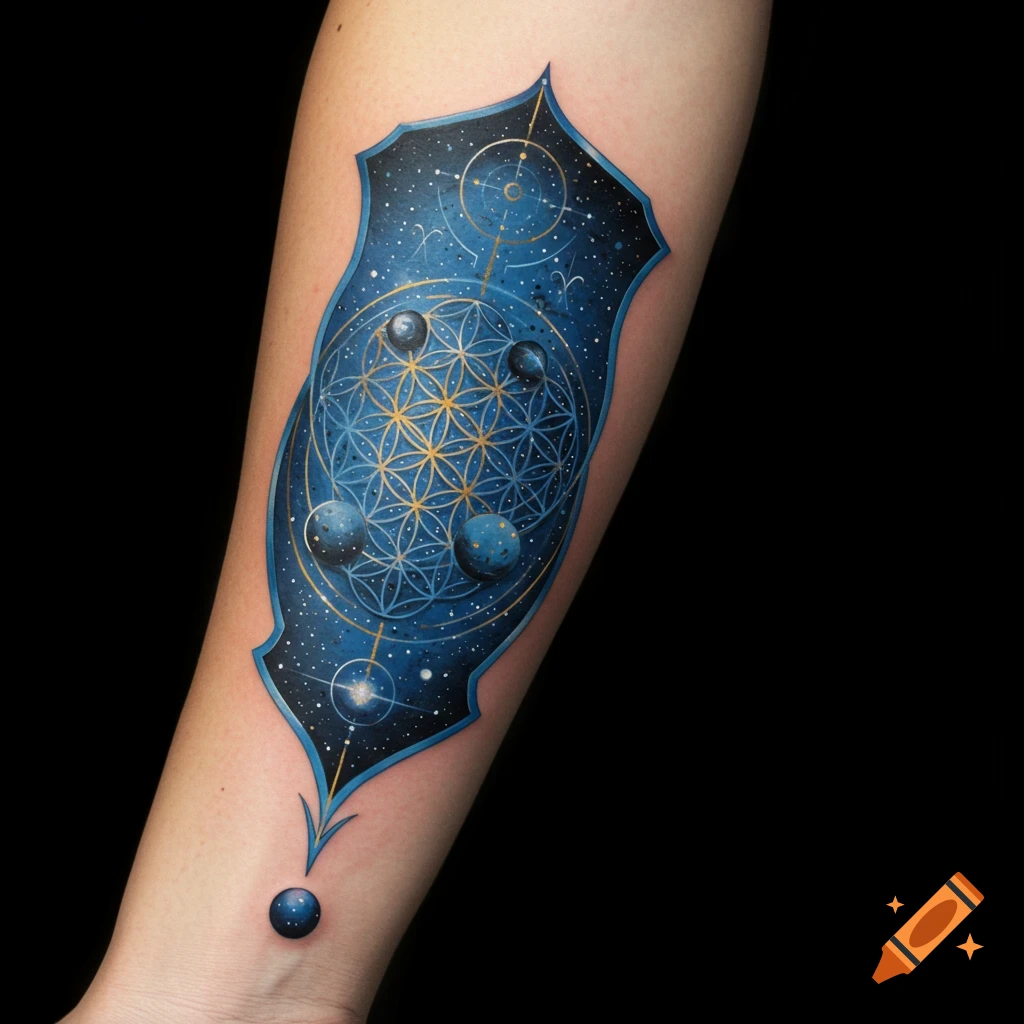 Forearm tattoo of sacred geometry, stars, and planets in a blue shield shape