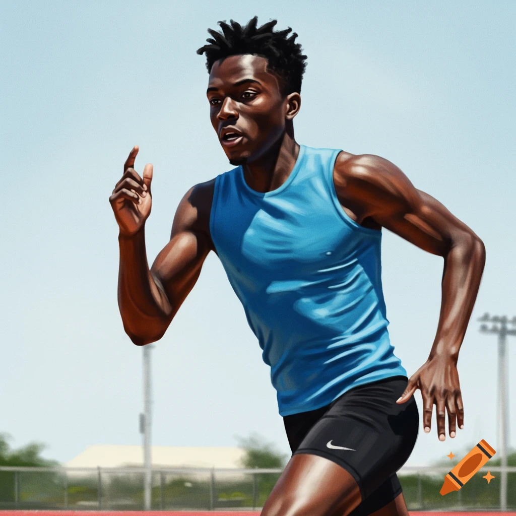 Male athlete running on a track during the day, illustration style