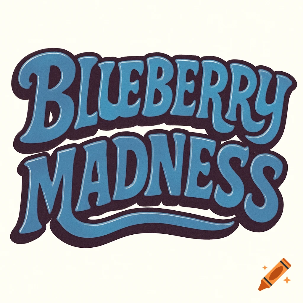 Retro cartoon style blue lettering spelling 'BLUEBERRY MADNESS'.