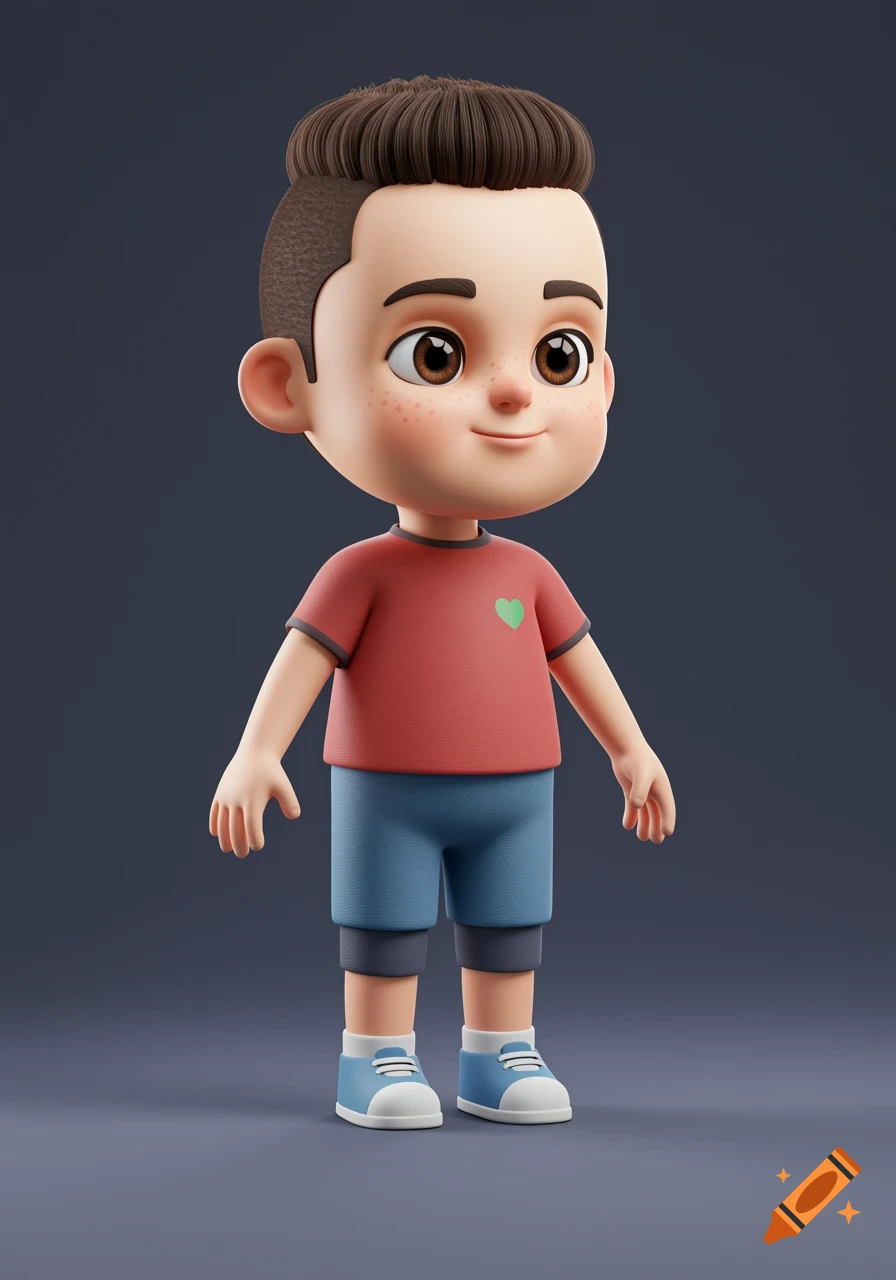 A 3D cartoon boy with brown hair, wearing a red shirt with a green heart and blue shorts.