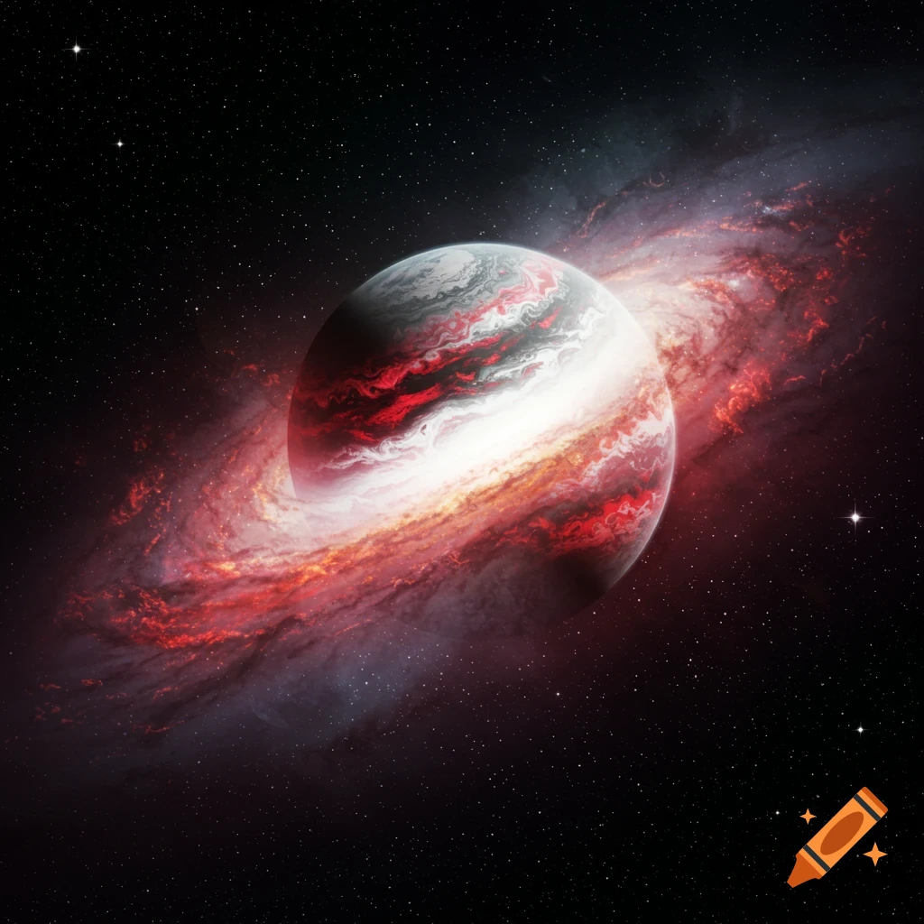 A planet with red and white patterns in a swirling red and purple galaxy.
