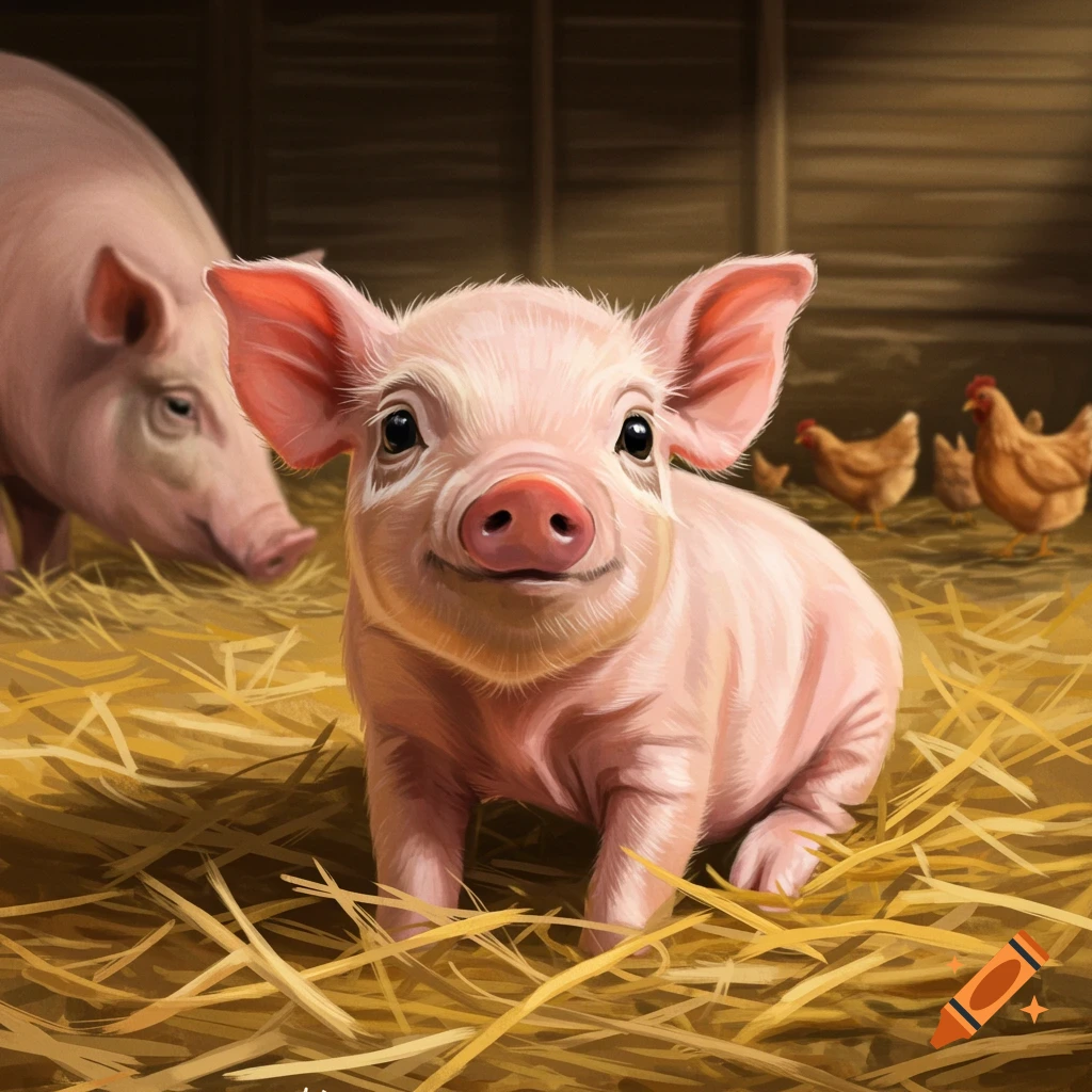 Close-up illustration of a smiling baby pig standing in straw in a barn, with an adult pig and chickens in the background.