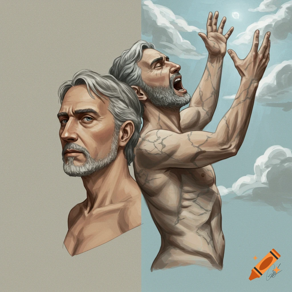 Artistic rendering of an older man, split view: one side calm, other side in anguish, reaching skyward. Marble style.