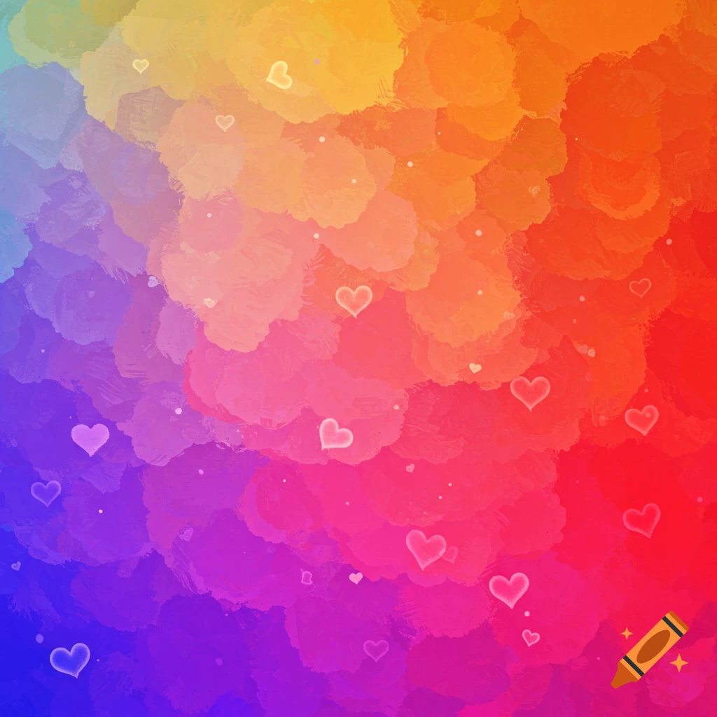 Abstract background with a colorful gradient and scattered heart outlines.