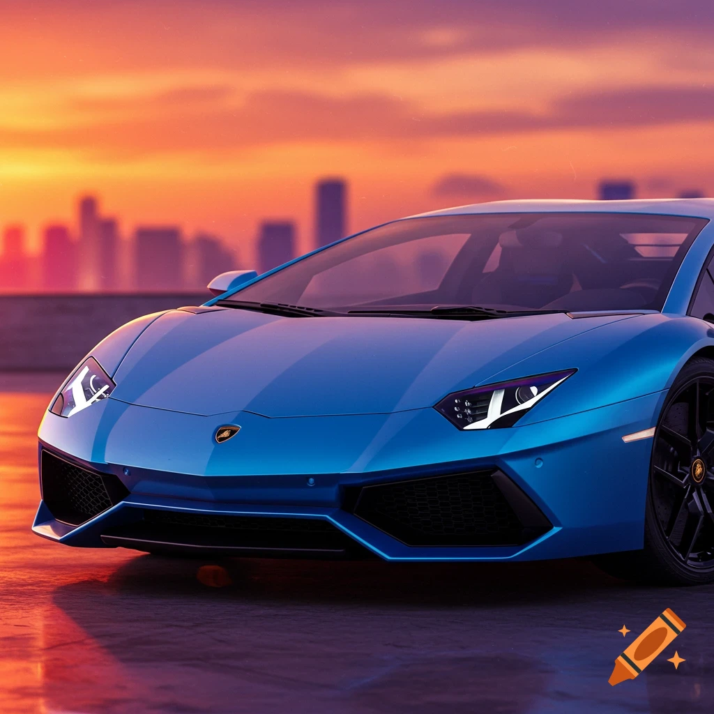 A blue Lamborghini sports car parked outdoors at sunset with a city skyline in the background.