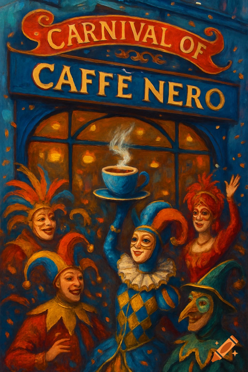 Painterly image of people in carnival costumes celebrating outside a cafe sign that reads 'Carnival of Caffe Nero'.
