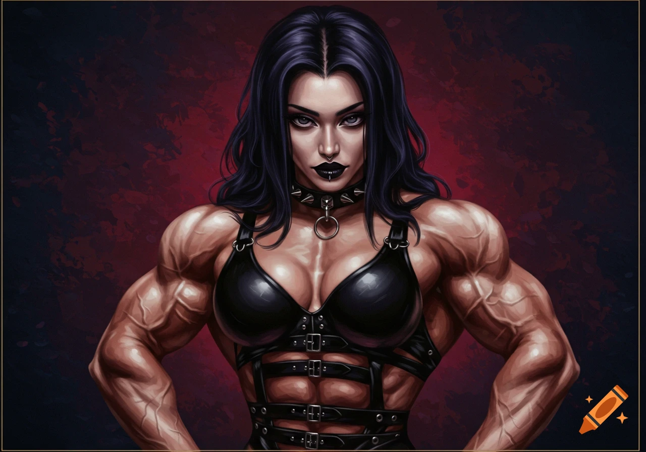 A muscular goth woman with black hair and dark makeup wears a black harness and bra, standing against a dark red background in a digital painting.
