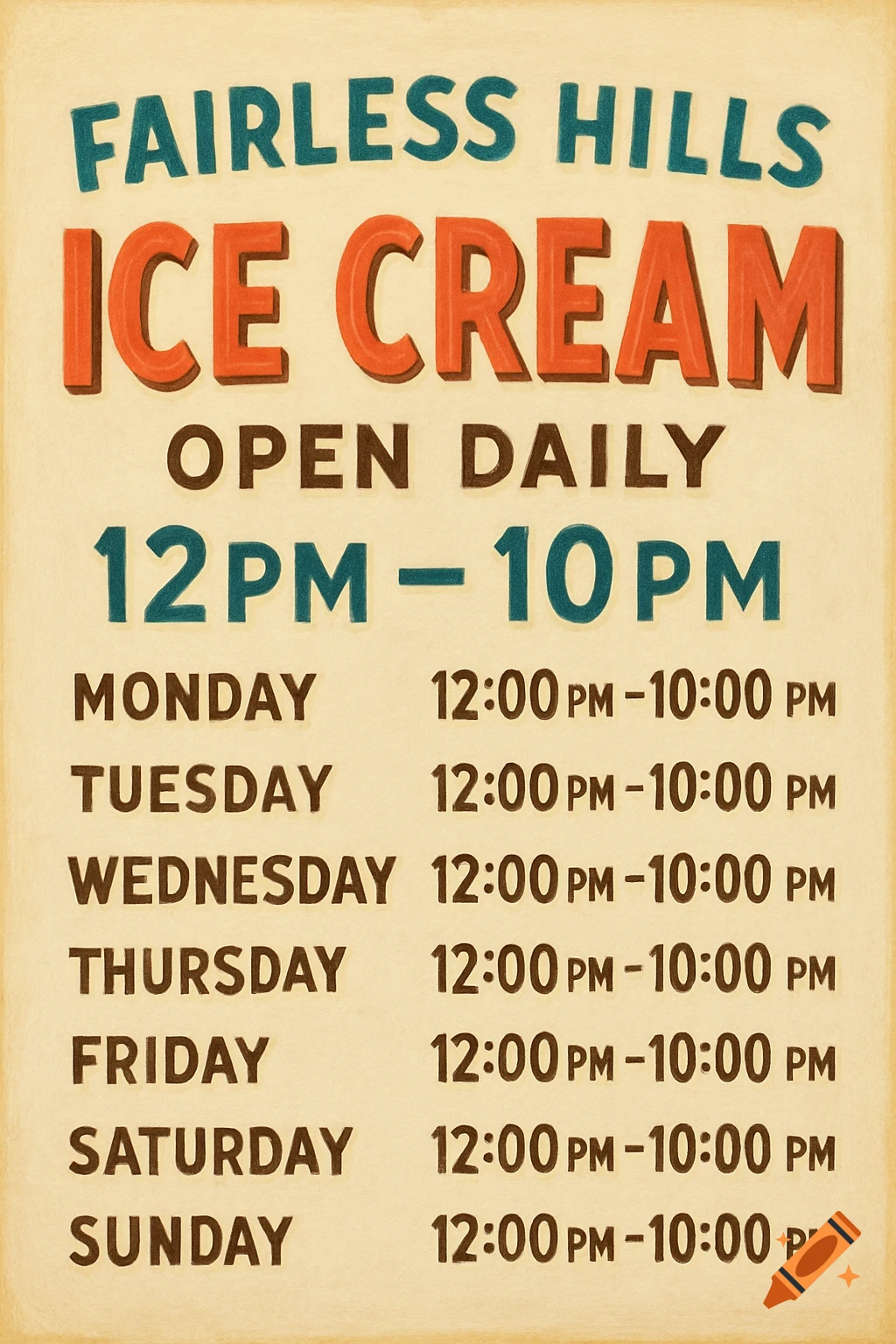 Retro sign for Fairless Hills Ice Cream listing daily and weekly hours.