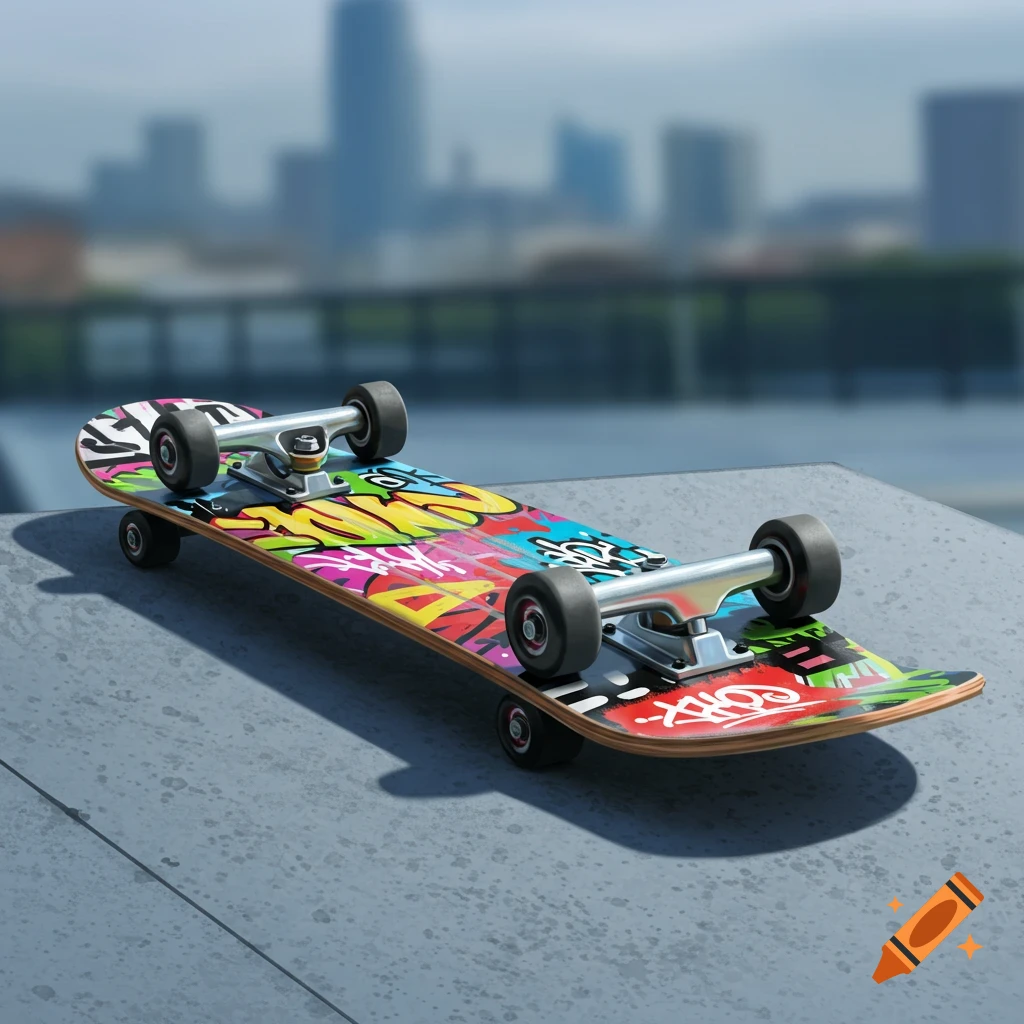 A skateboard with colorful graffiti art rests on a concrete surface, with a blurred city skyline in the background.