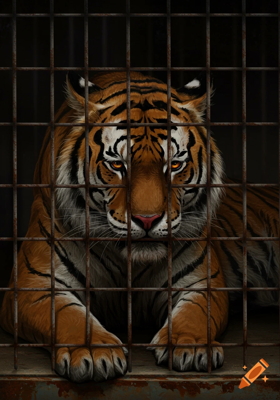 A tiger stares out from behind rusty cage bars.