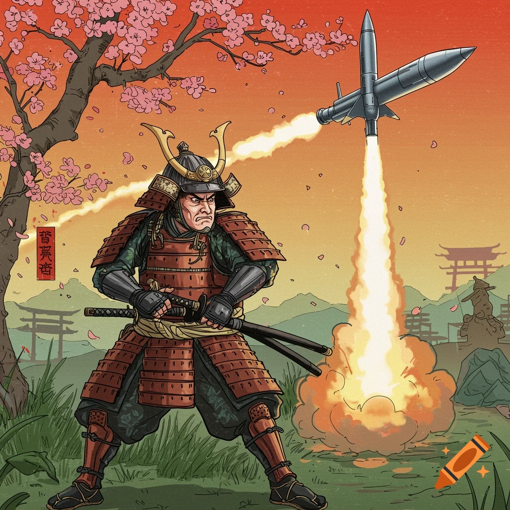 A samurai in armor stands under a cherry blossom tree as a rocket launches in the background.