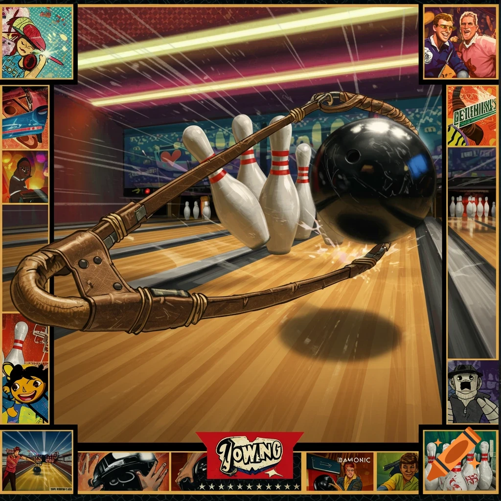 A sling hurls a bowling ball towards pins on a lane, surrounded by illustrative border squares.
