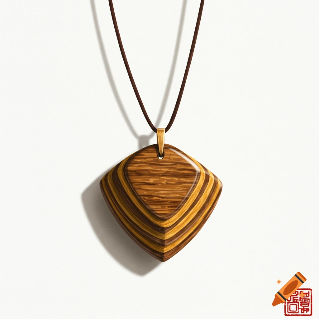 A wooden pendant with layered stripes of light and dark wood grain hangs on a cord against a white background.