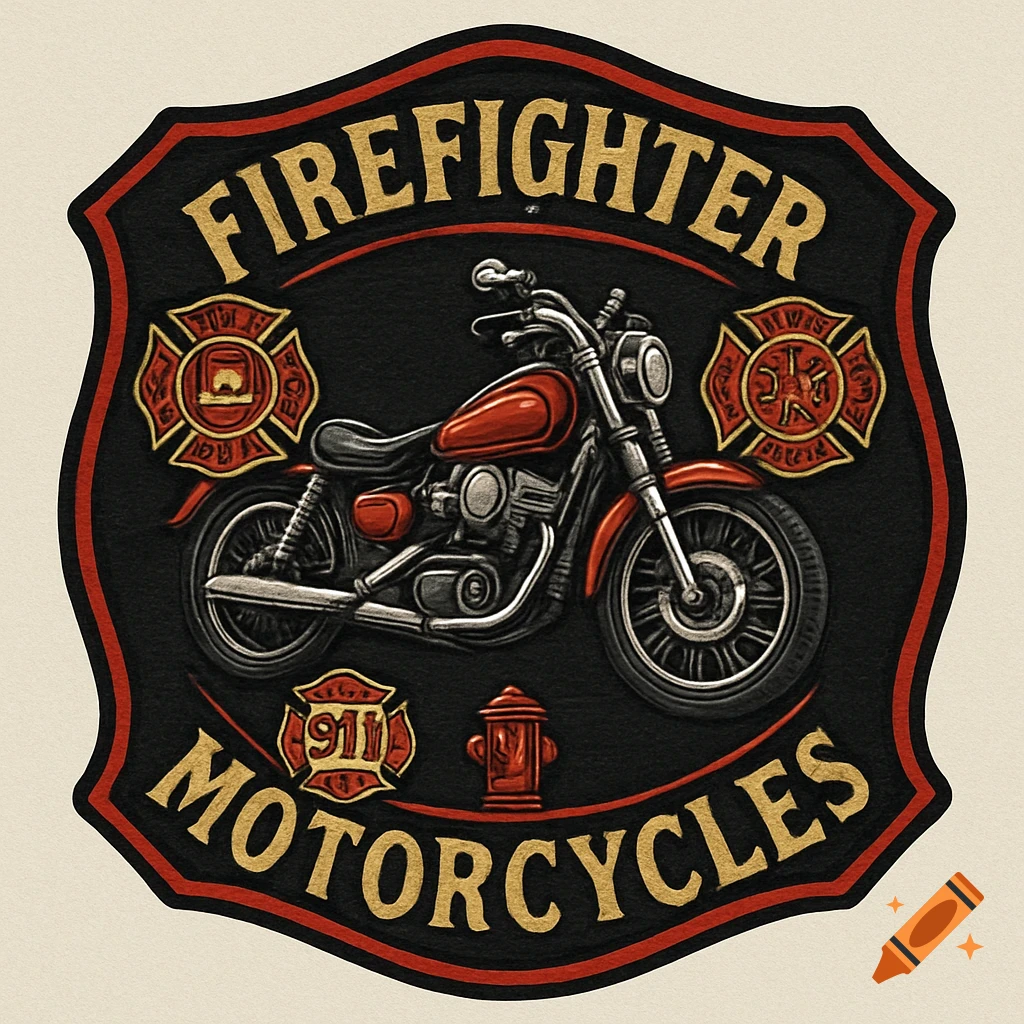 A firefighter motorcycle badge featuring a motorcycle, fire department logos, and text.