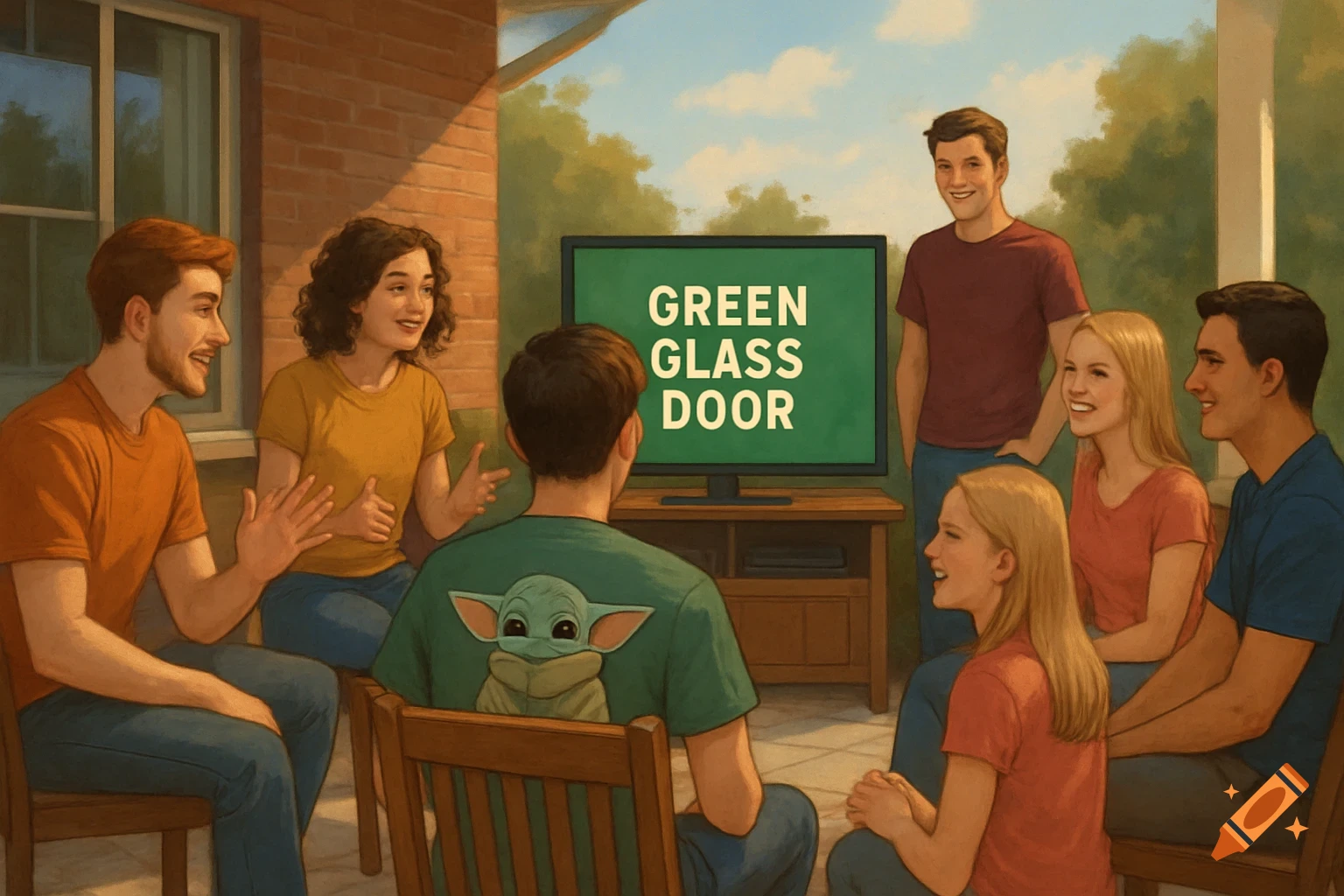 A group of people watching a TV on a patio that reads 'GREEN GLASS DOOR'.