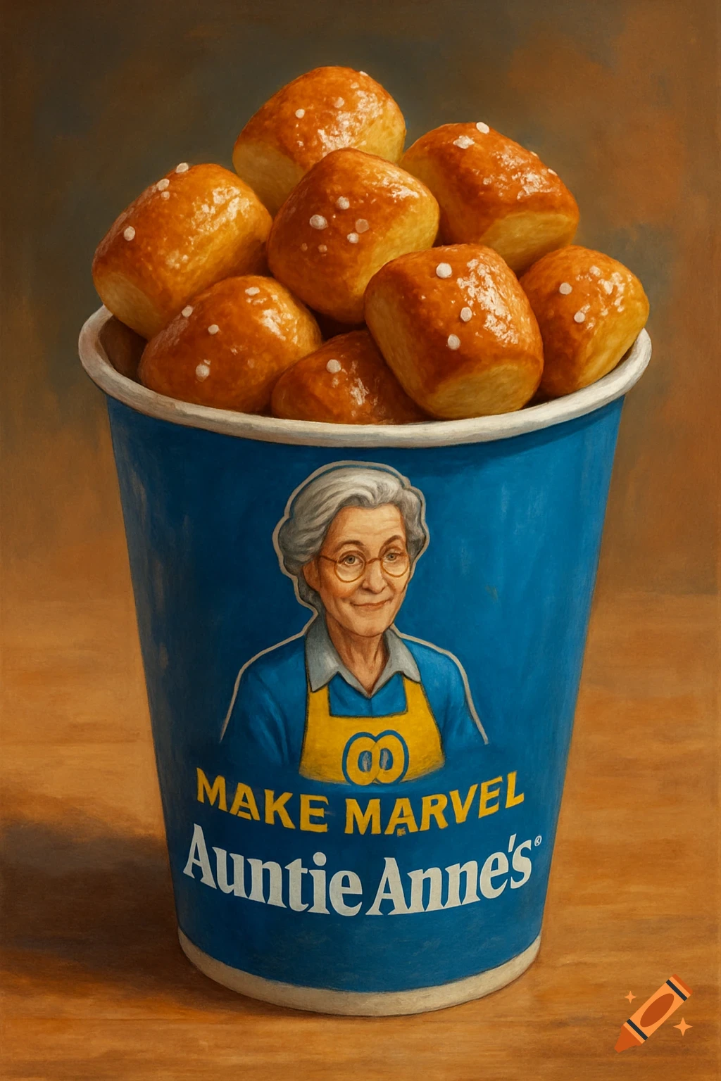Pretzel bites overflowing from a blue Auntie Anne's cup with a logo, rendered in a painting style.