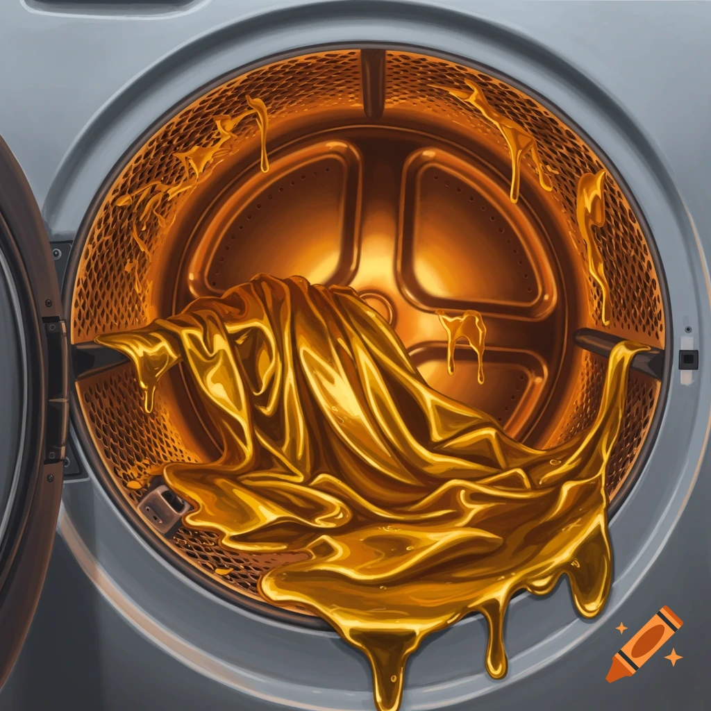 Melted gold drips over a gold cloth inside a dryer drum.