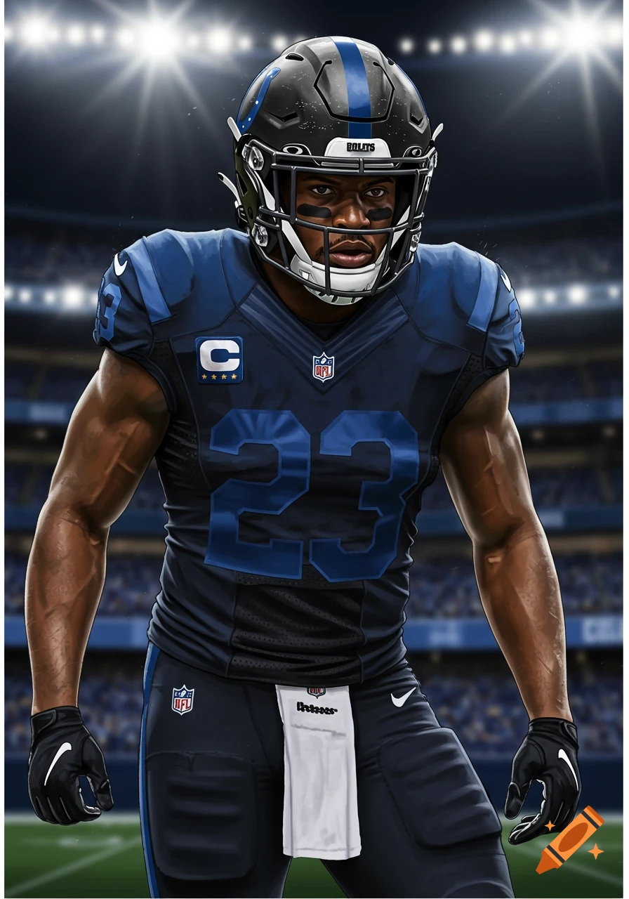 Realistic illustration of an American football player in a dark blue and black uniform with number 23, in a stadium.