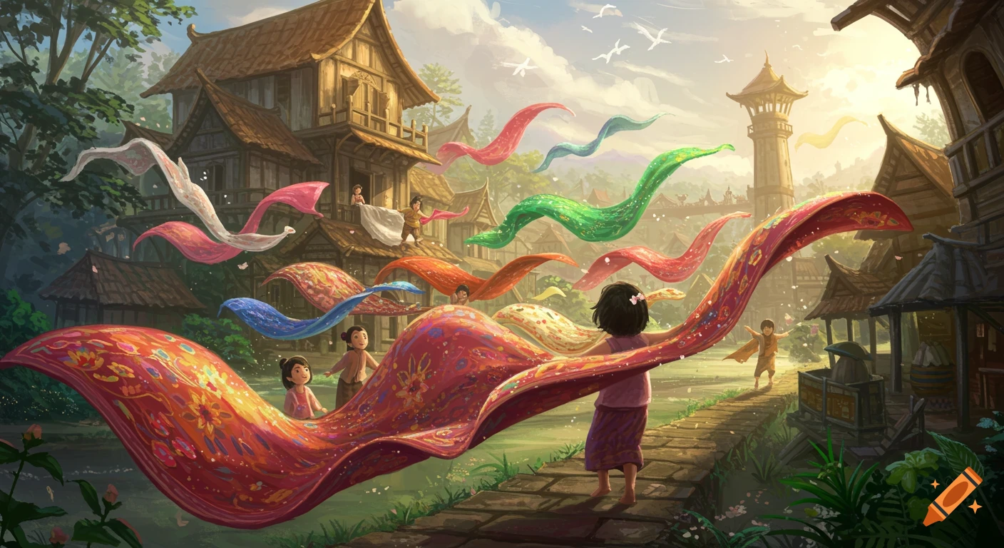 Children play with colorful, flowing fabrics in a fantasy village at sunrise.