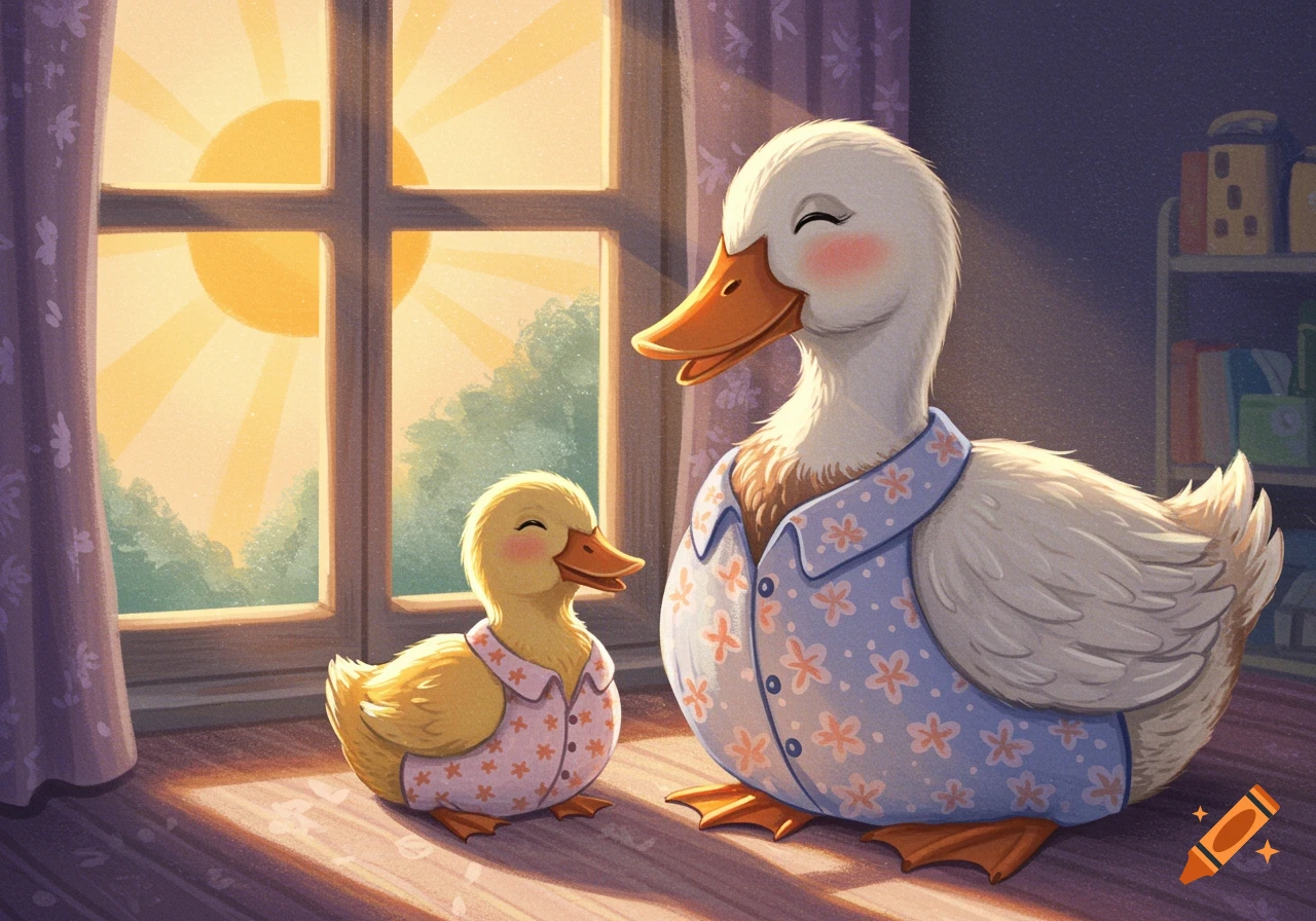 Illustration of a mother duck and duckling in pajamas sitting by a window in the morning sun.
