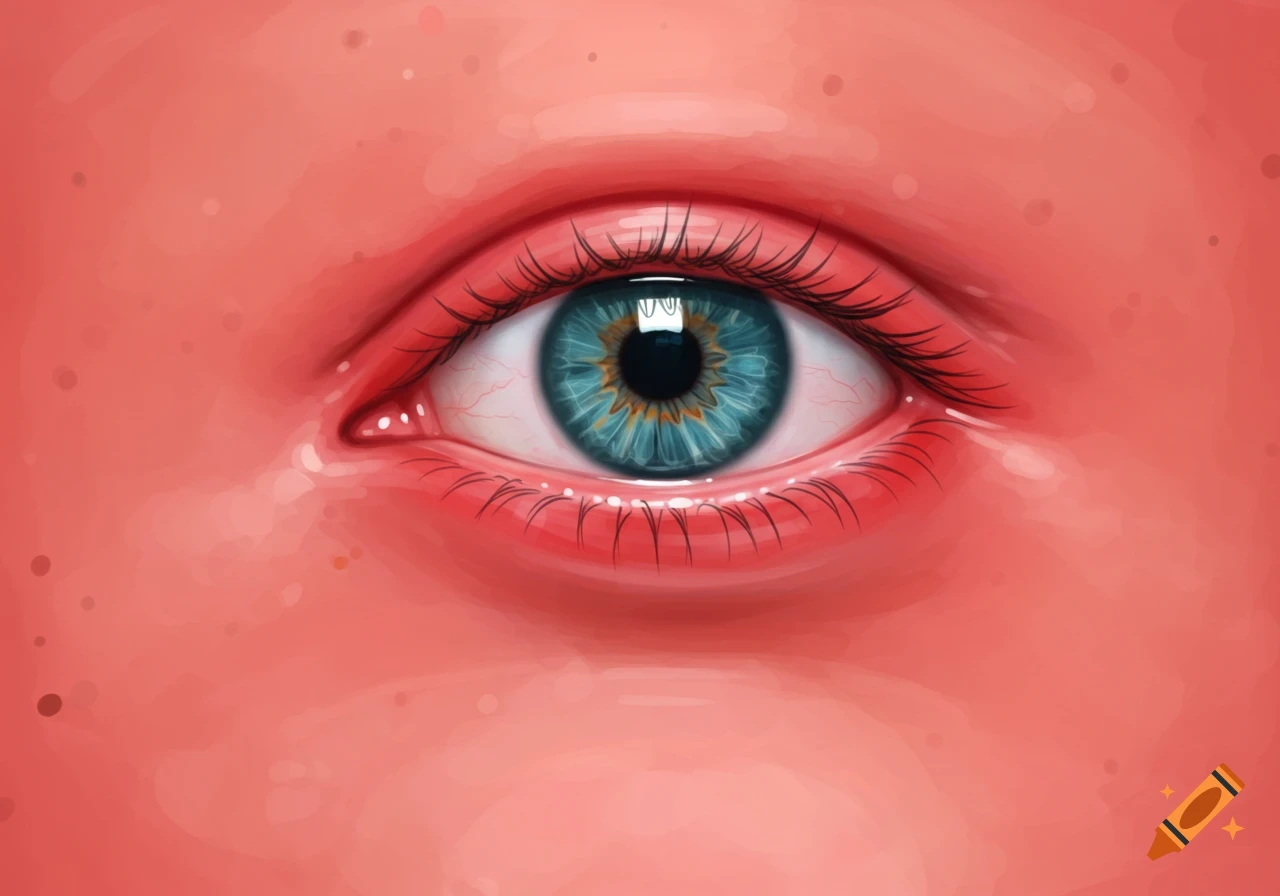Close-up illustration of a blue eye surrounded by red skin.