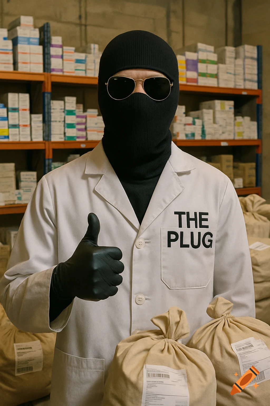 A person in a balaclava, sunglasses, lab coat with 'THE PLUG' text, black gloves gives a thumbs up in a warehouse filled with pharmaceuticals and sacks.
