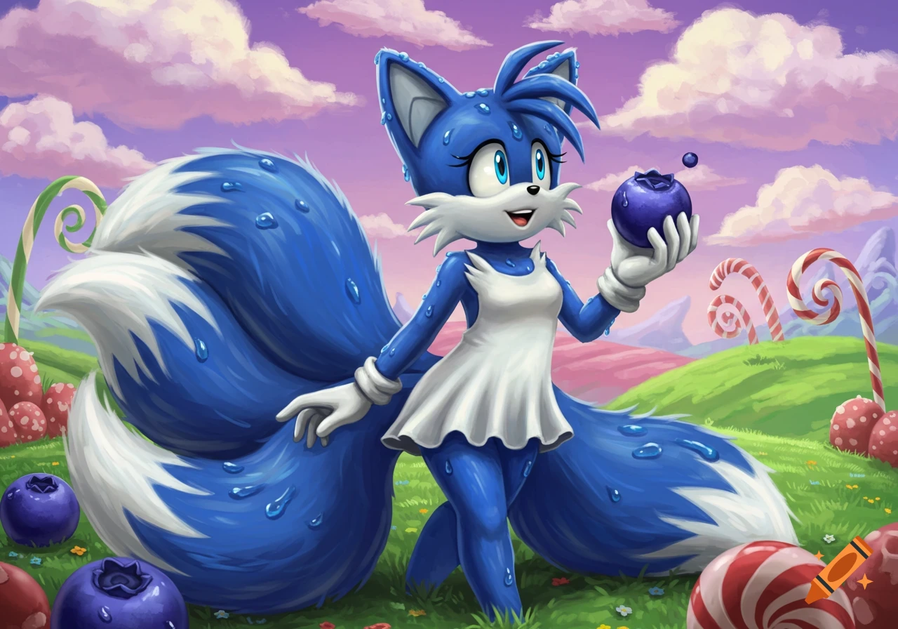 Blue anthro fox character in a dress holding a blueberry in a candy land.