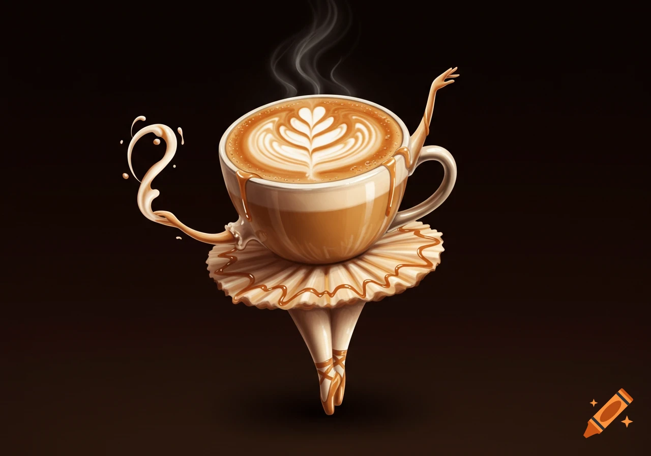 Illustration of a cappuccino cup transformed into a ballerina on a dark background.