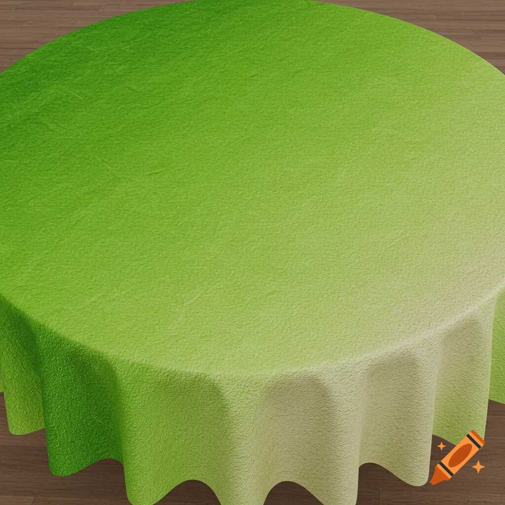 A circular green tablecloth fades to cream on a wooden table.