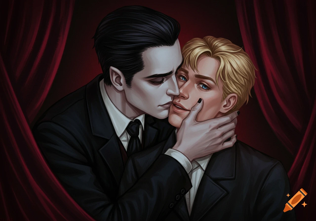 Illustration of a vampire kissing a blonde male against red drapes.