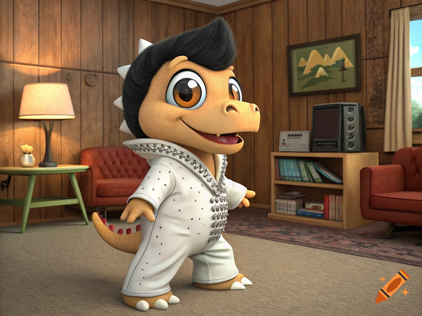A cartoon baby dinosaur in a white Elvis jumpsuit and wig stands in a retro living room.
