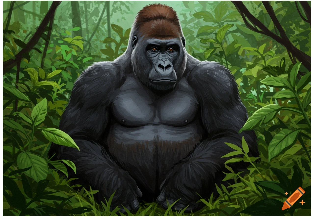 A large silverback gorilla sits in a lush, green jungle.