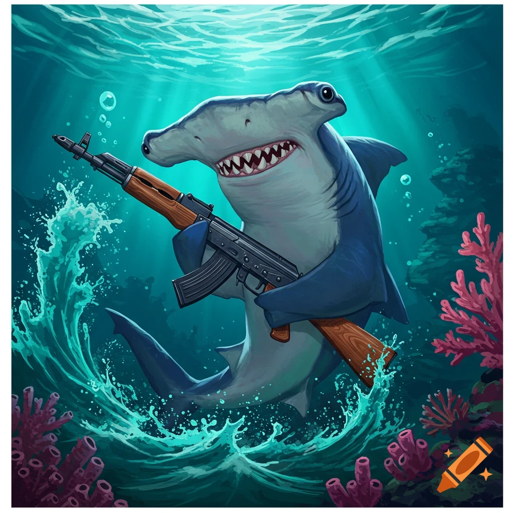 A cartoon hammerhead shark swims underwater while holding an AK-47 rifle.