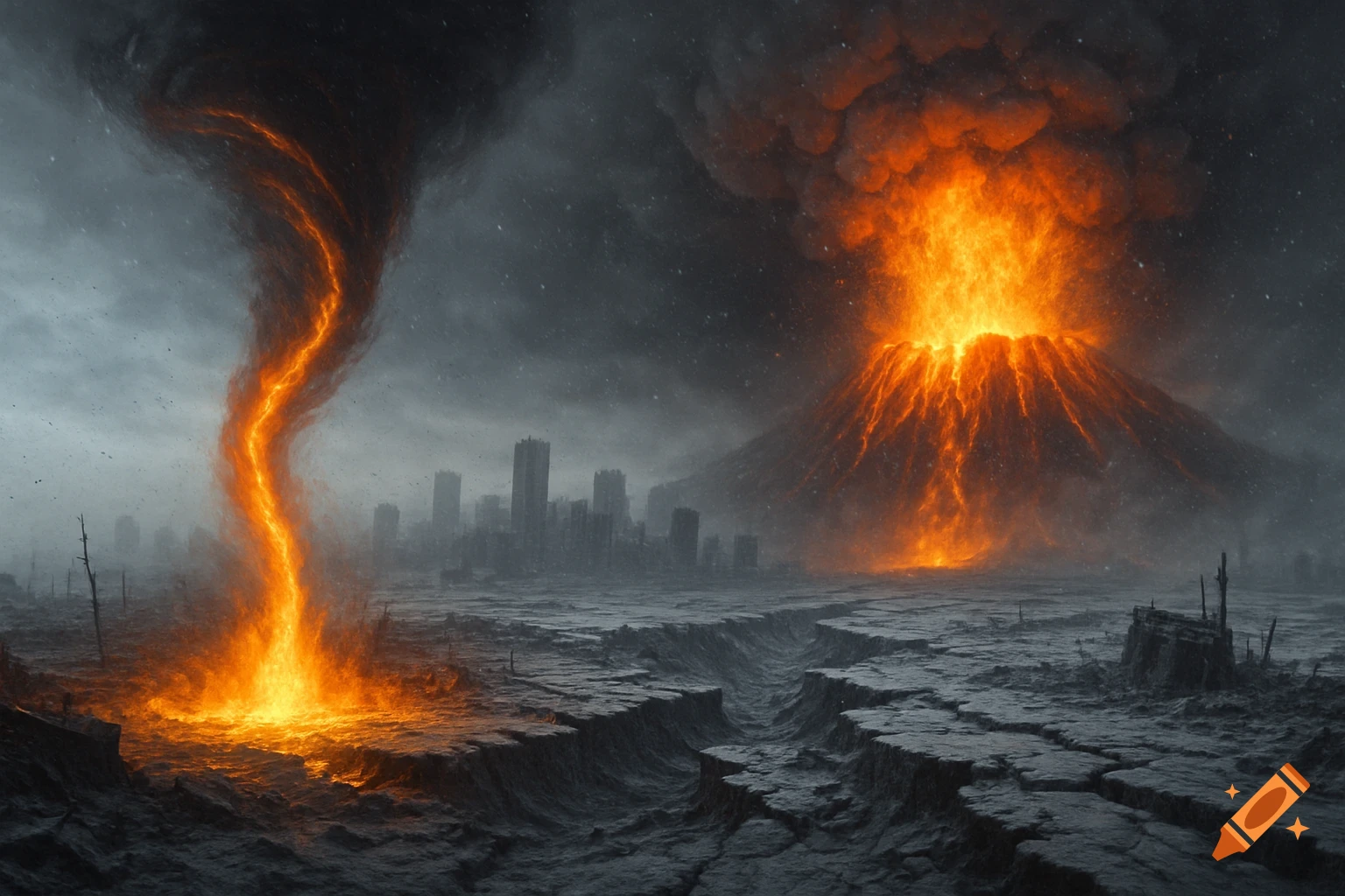 Apocalyptic landscape with a fiery tornado, erupting volcano, cracked ground, and ruined city under a dark sky