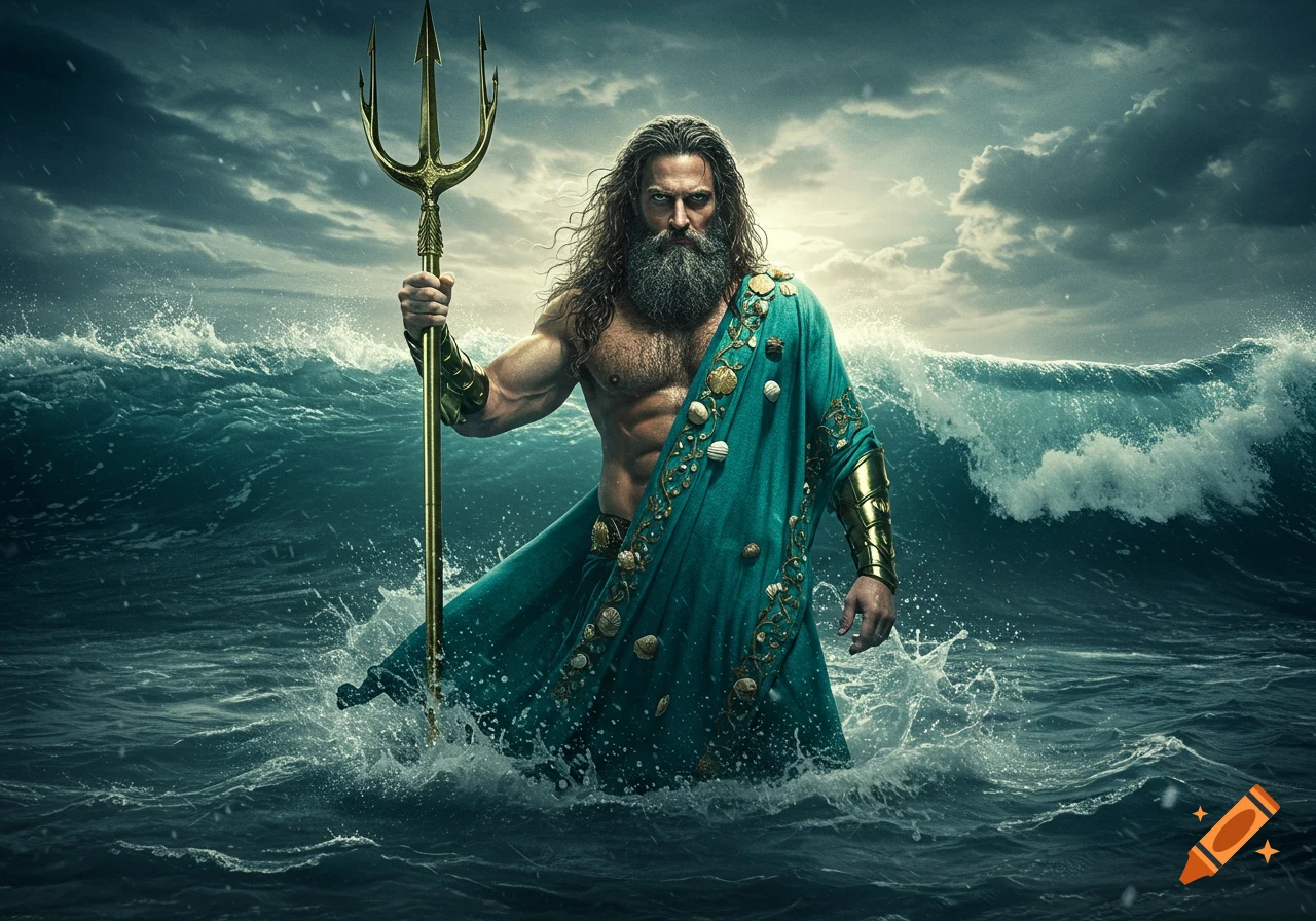 Muscular Poseidon with beard holds trident standing in rough sea. Photorealistic style.