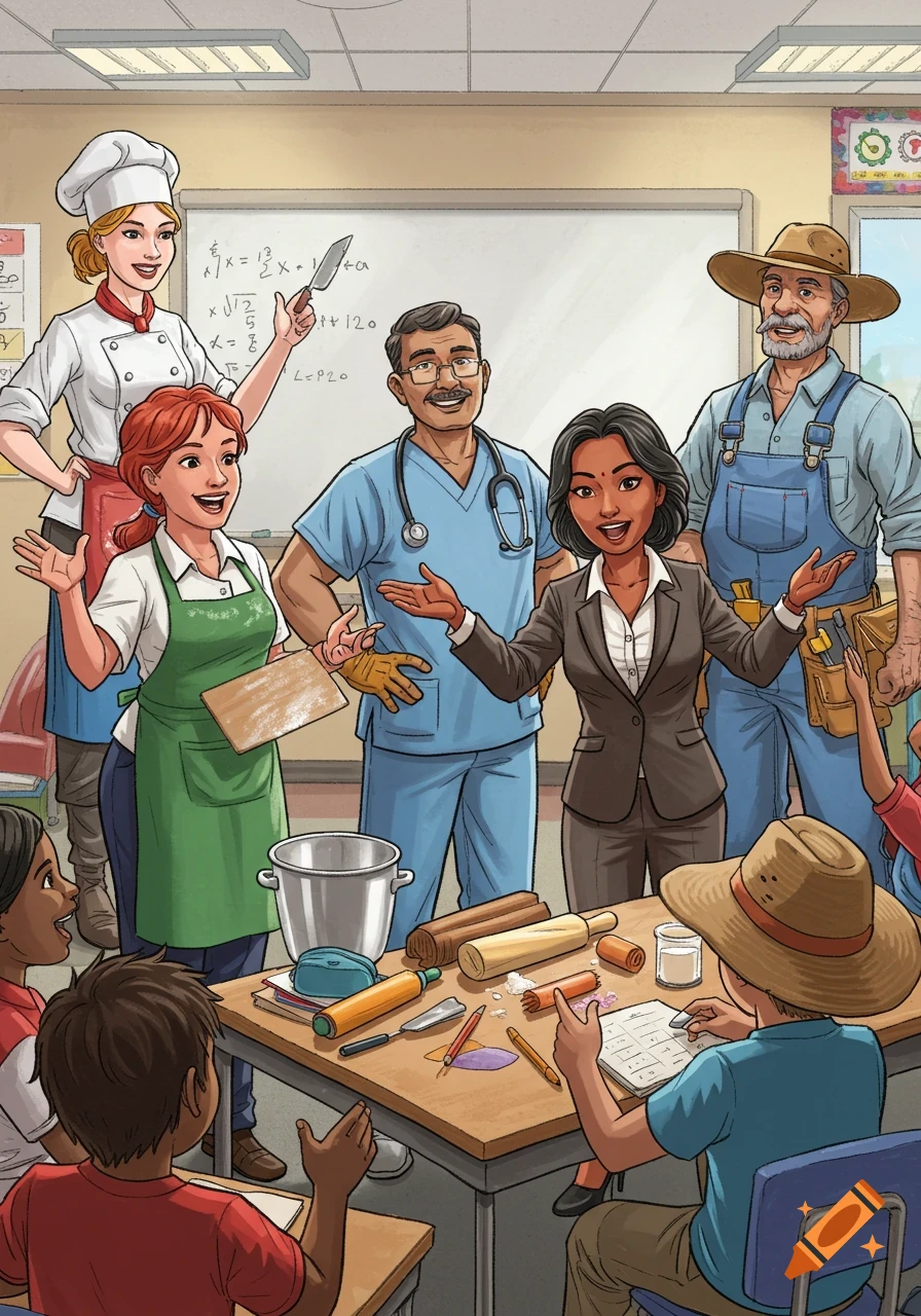 Professionals from different careers like chef, doctor, farmer, and businesswoman teaching students in a classroom.