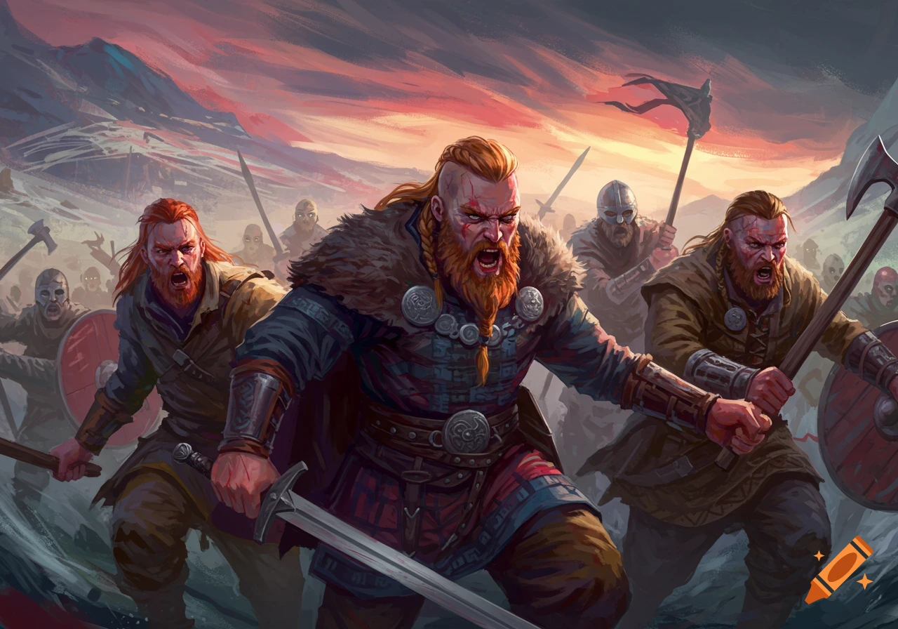 Fierce Viking warriors charge forward with swords and axes in a digital painting.