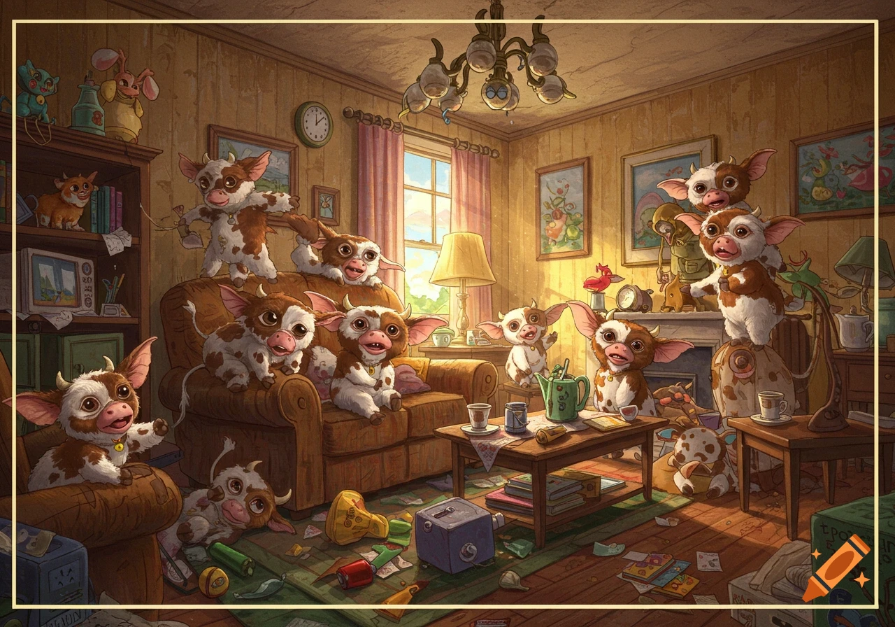 Cartoon cow-like creatures making a mess in a living room