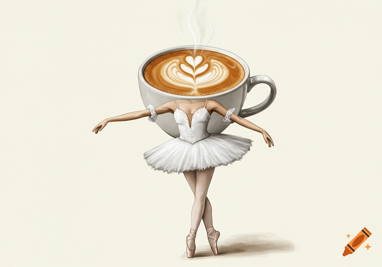 Illustration of a ballerina with a cappuccino cup for a head, standing on pointe.