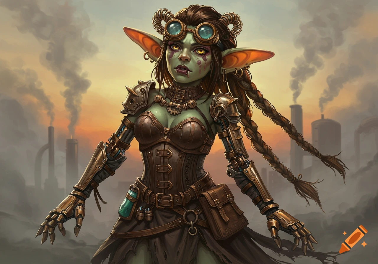 A detailed illustration of a steampunk female goblin standing in front of an industrial background.