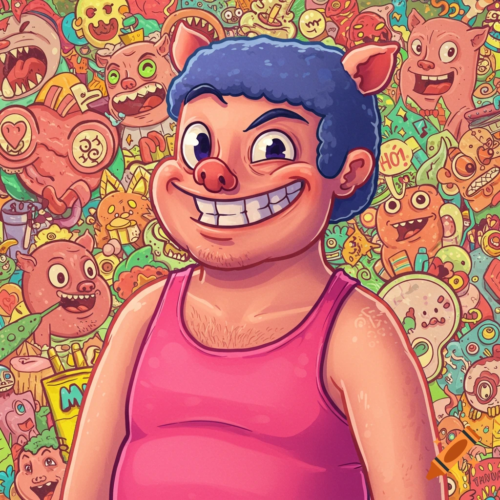 Cartoon illustration of a person with pig features in a pink tank top, surrounded by a busy background of colorful monsters and pigs.