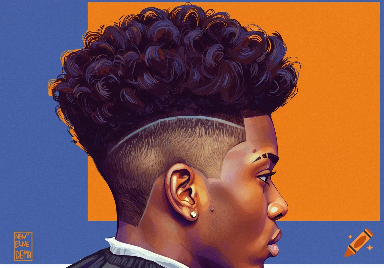 Stylized illustration of a person with a curly undercut haircut against an orange and blue background.