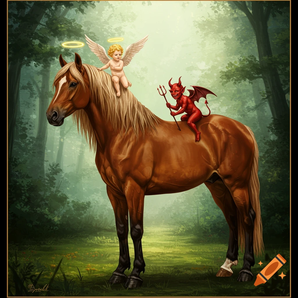 Illustration of a horse with an angel on its neck and a devil on its back in a forest.