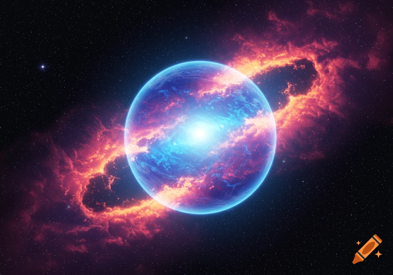A bright blue and purple planet glows intensely in front of a red and orange nebula against a starry black background.
