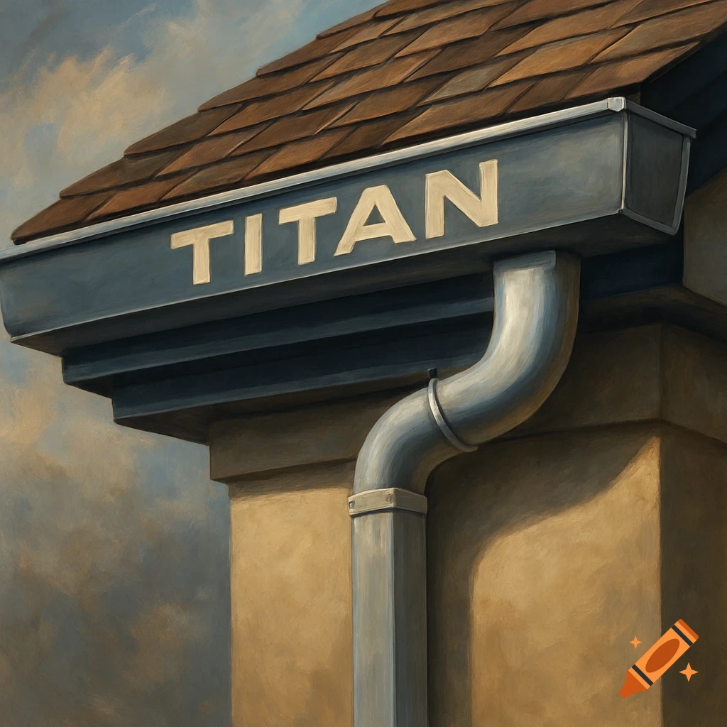 Close-up of a building corner with a roof, gutter labeled TITAN, and downspout in a painted style.