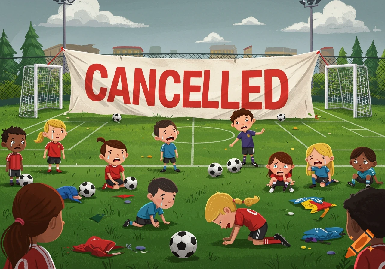 Cartoon illustration of sad children on a soccer field under a ...
