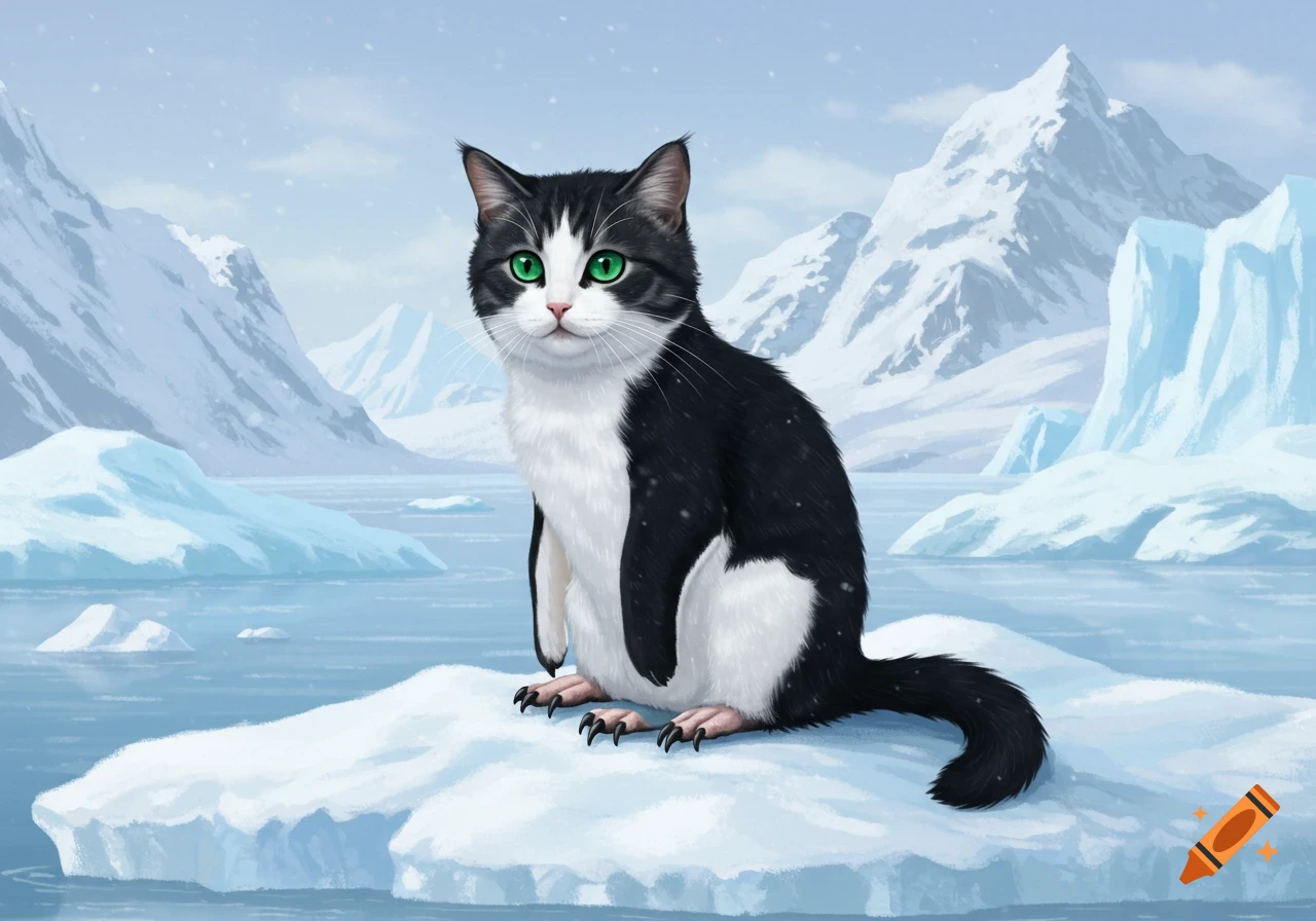 A black and white furry creature resembling a cat and penguin sits on an iceberg in a snowy arctic landscape.
