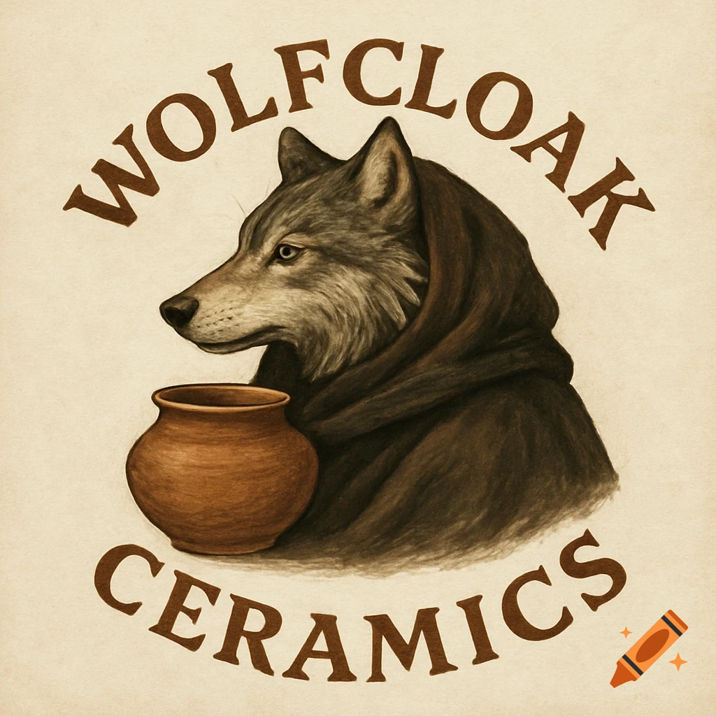 Illustration of a wolf in a hooded cloak next to a pot with the text 'Wolfcloak Ceramics' above and below.