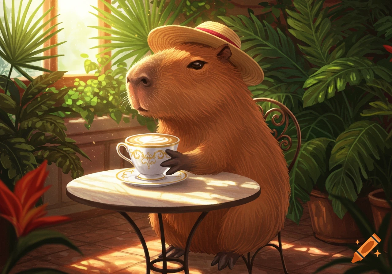 A capybara wearing a straw hat sits at a table and drinks a cup of coffee surrounded by lush green plants.